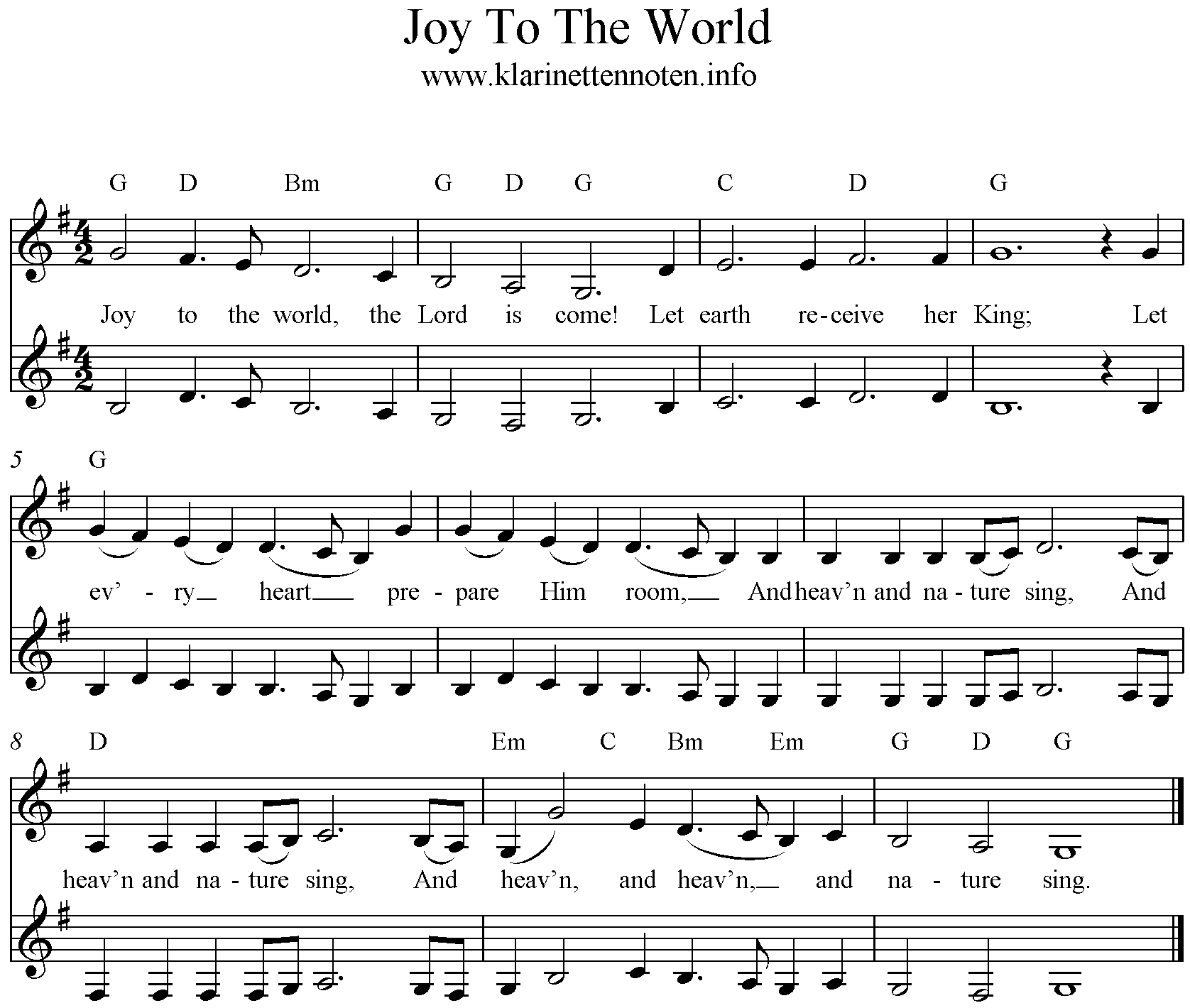 Joy To The World 2stimmig Noten für Klarinette Anfänger, Clarinet Beginners